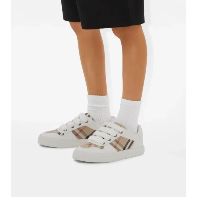 Check Cotton and Leather Sneakers