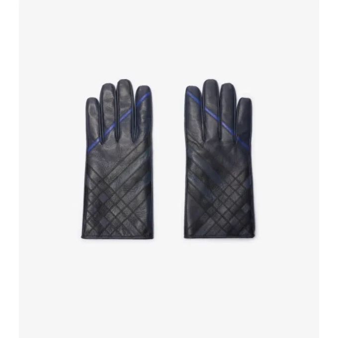 Check Intarsia Leather Gloves