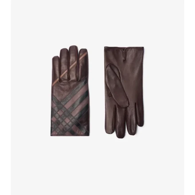 Check Intarsia Leather Gloves