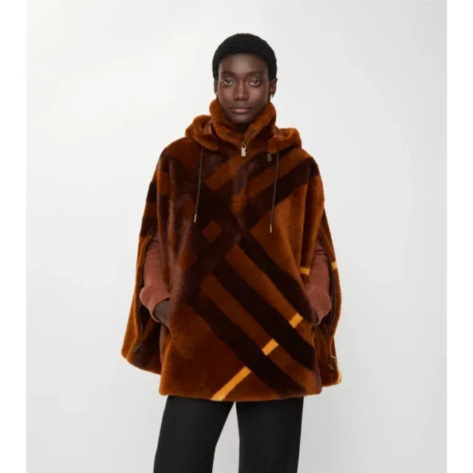 Check Intarsia Shearling Cape