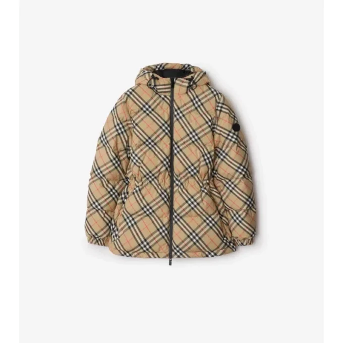 Check Nylon Hooded Puffer Jacket