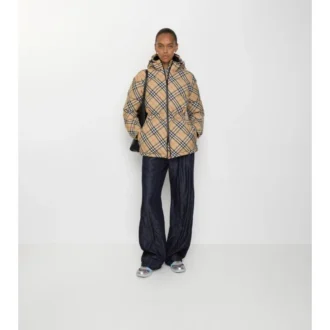 Check Nylon Hooded Puffer Jacket