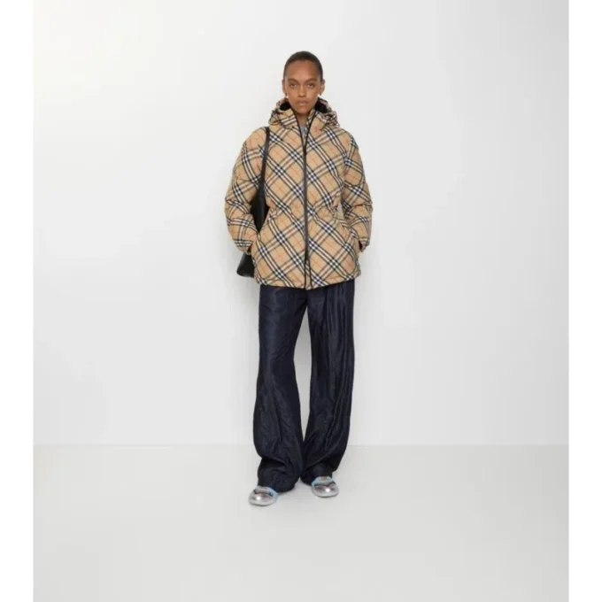 Check Nylon Hooded Puffer Jacket