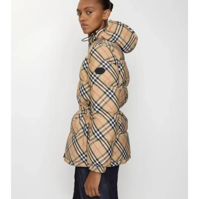 Check Nylon Hooded Puffer Jacket