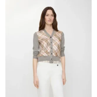 Check Panel Wool Silk Cardigan