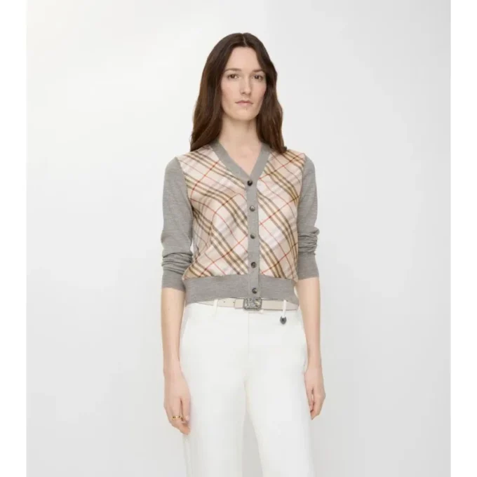 Check Panel Wool Silk Cardigan