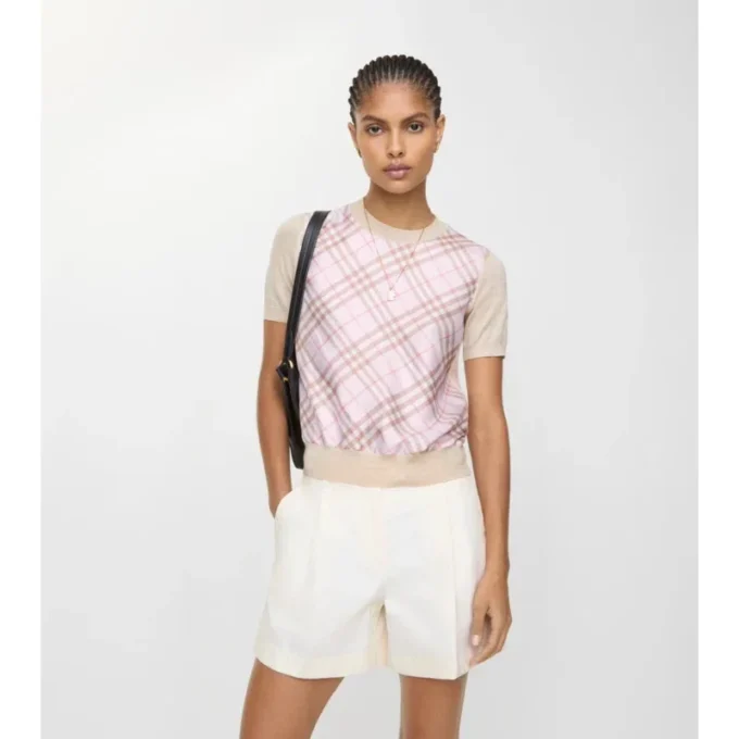 Check Panel Wool Silk Top