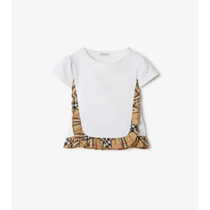 Check Ruffle Stretch Cotton T-Shirt