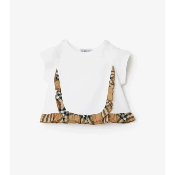 Check Ruffle Stretch Cotton T-Shirt