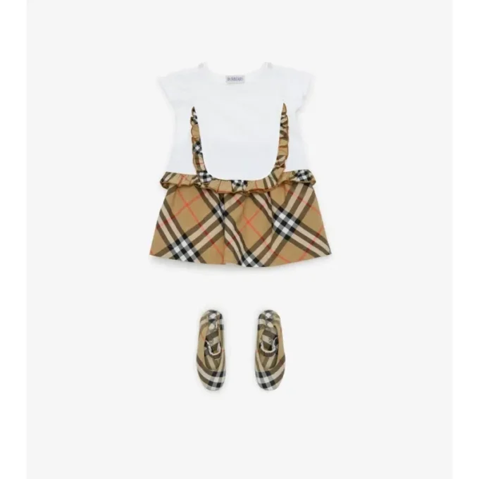 Check Ruffle Stretch Cotton T-Shirt
