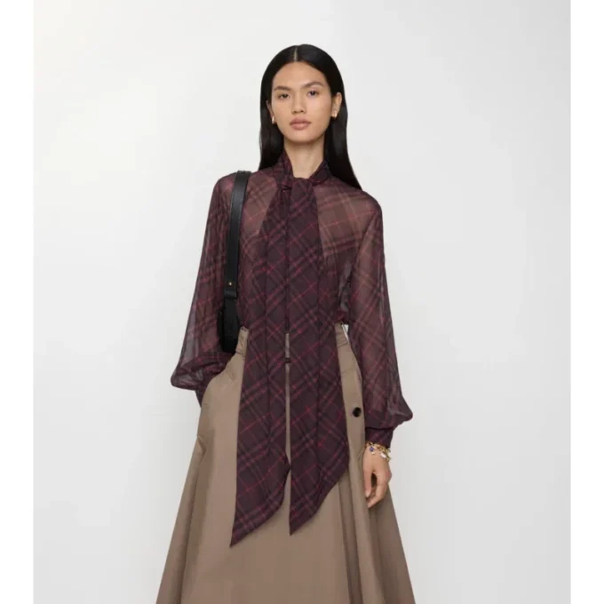Check Silk Scarf Blouse