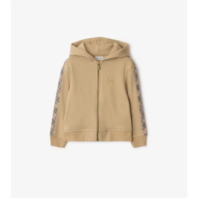Check Trim Cotton Zip Hoodie
