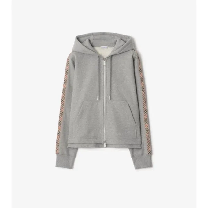 Check Trim Cotton Zip Hoodie