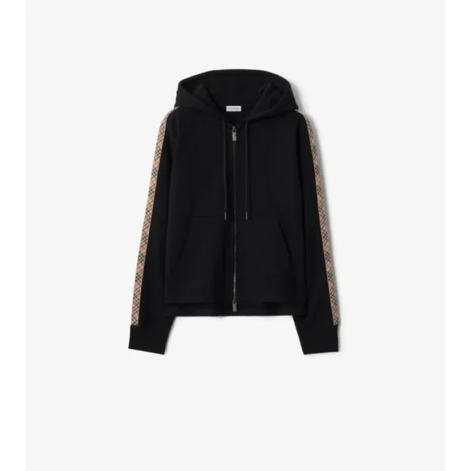 Check Trim Cotton Zip Hoodie