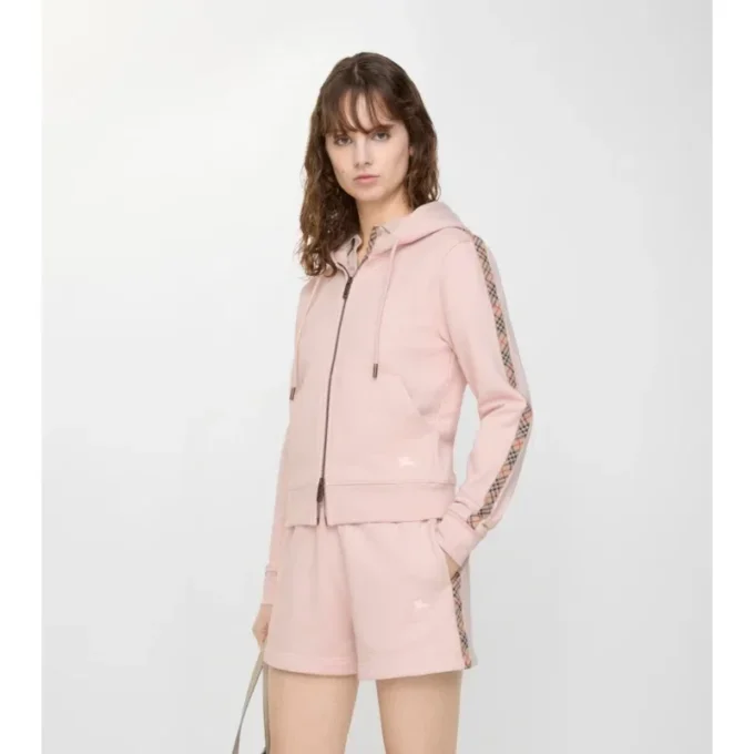 Check Trim Cotton Zip Hoodie