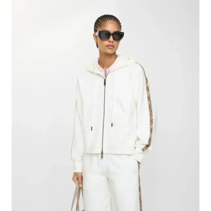 Check Trim Cotton Zip Hoodie