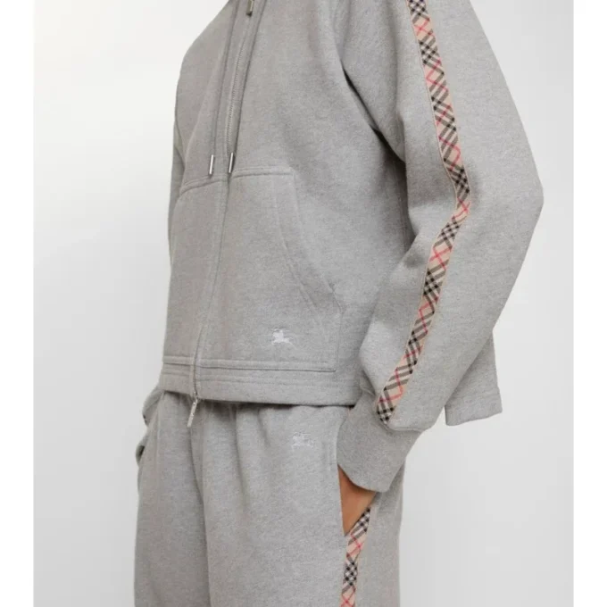 Check Trim Cotton Zip Hoodie