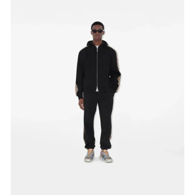 Check Trim Cotton Zip Hoodie