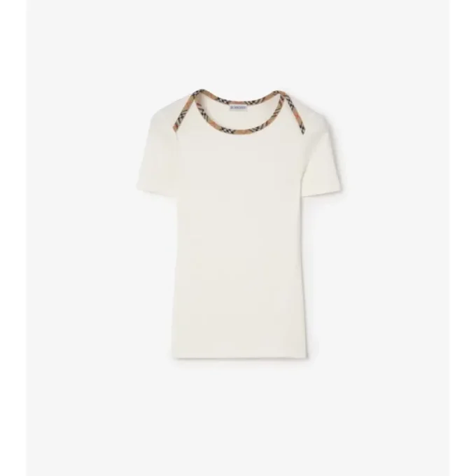 Check Trim Stretch Cotton T-Shirt