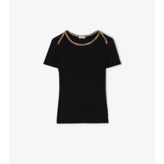 Check Trim Stretch Cotton T-Shirt