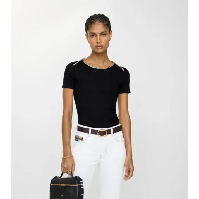 Check Trim Stretch Cotton T-Shirt