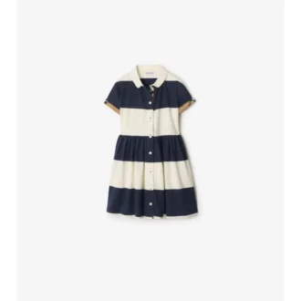 Check Trim Striped Cotton Shirt Dress