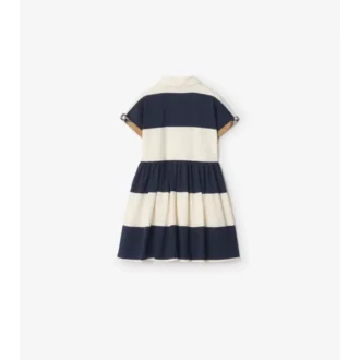 Check Trim Striped Cotton Shirt Dress