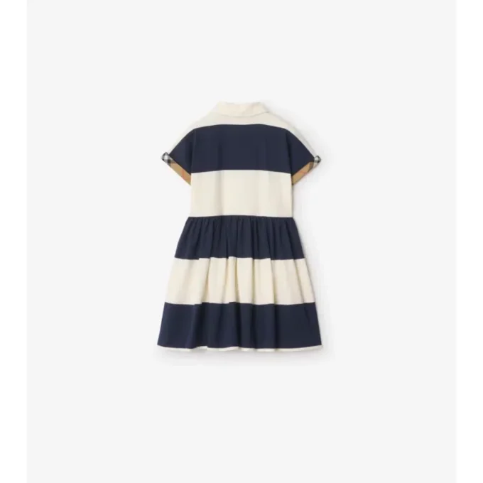 Check Trim Striped Cotton Shirt Dress