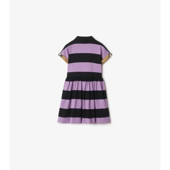 Check Trim Striped Cotton Shirt Dress