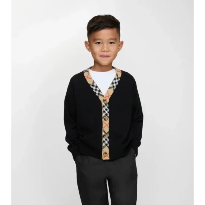 Check Trim Wool Cardigan