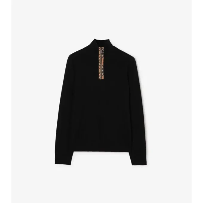 Check Trim Wool Half-Zip Sweater