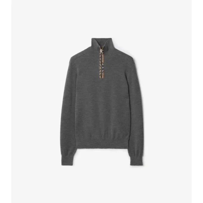 Check Trim Wool Half-Zip Sweater