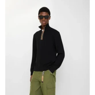Check Trim Wool Half-Zip Sweater
