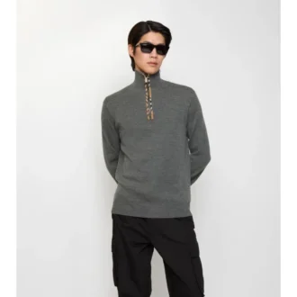 Check Trim Wool Half-Zip Sweater