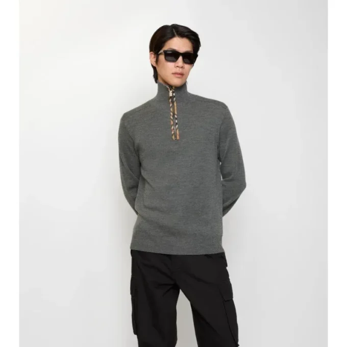 Check Trim Wool Half-Zip Sweater
