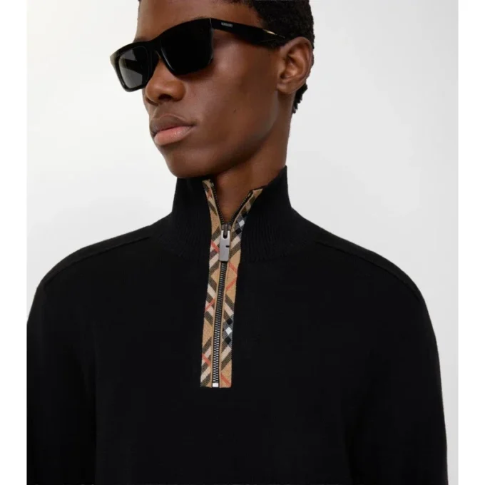 Check Trim Wool Half-Zip Sweater