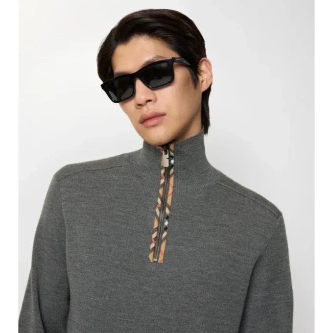 Check Trim Wool Half-Zip Sweater