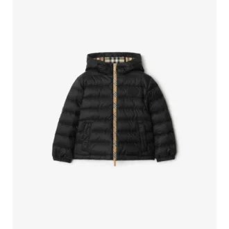 Checker-Tape Nylon Hooded Puffer Jacket
