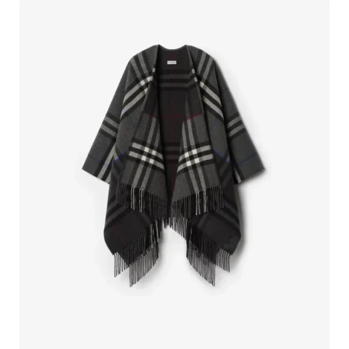 Contrast Check Cashmere Wool Cape
