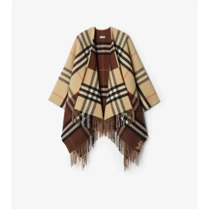 Contrast Check Cashmere Wool Cape