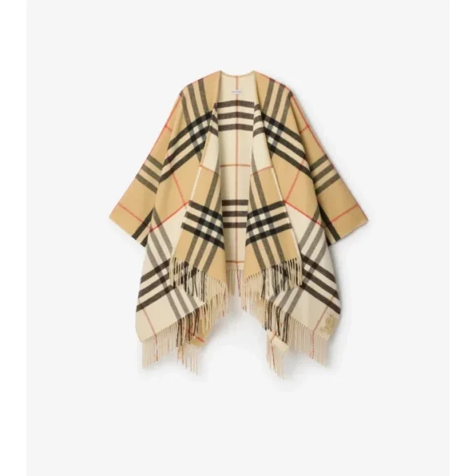 Contrast Check Cashmere Wool Cape
