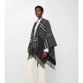 Contrast Check Cashmere Wool Cape