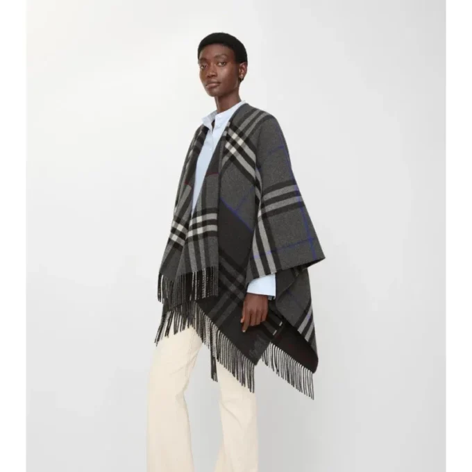 Contrast Check Cashmere Wool Cape