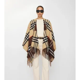 Contrast Check Cashmere Wool Cape