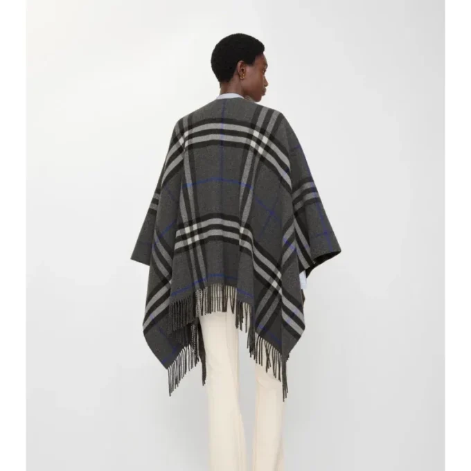 Contrast Check Cashmere Wool Cape