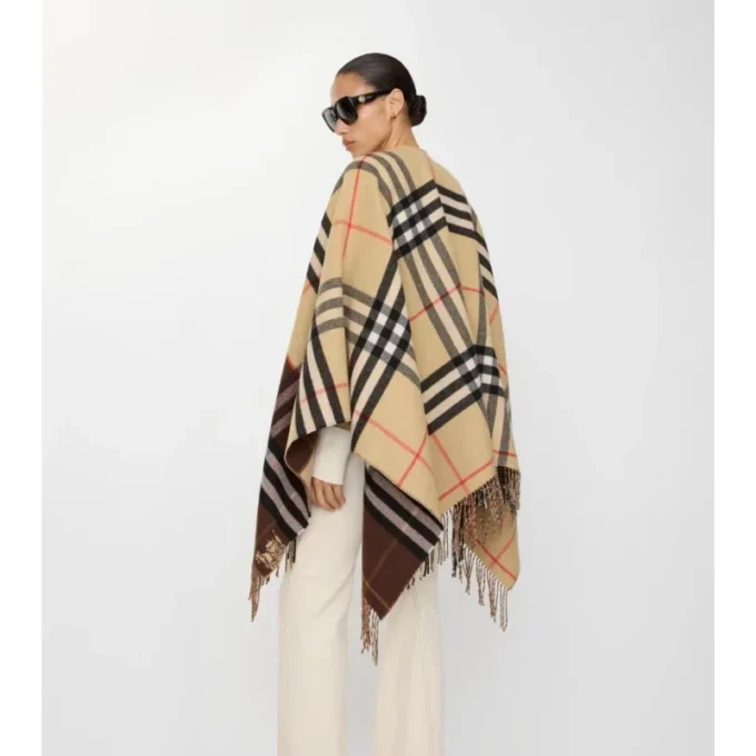 Contrast Check Cashmere Wool Cape