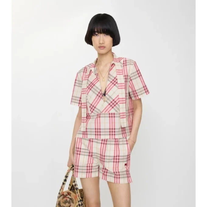 Cropped Check Cotton Scarf Blouse
