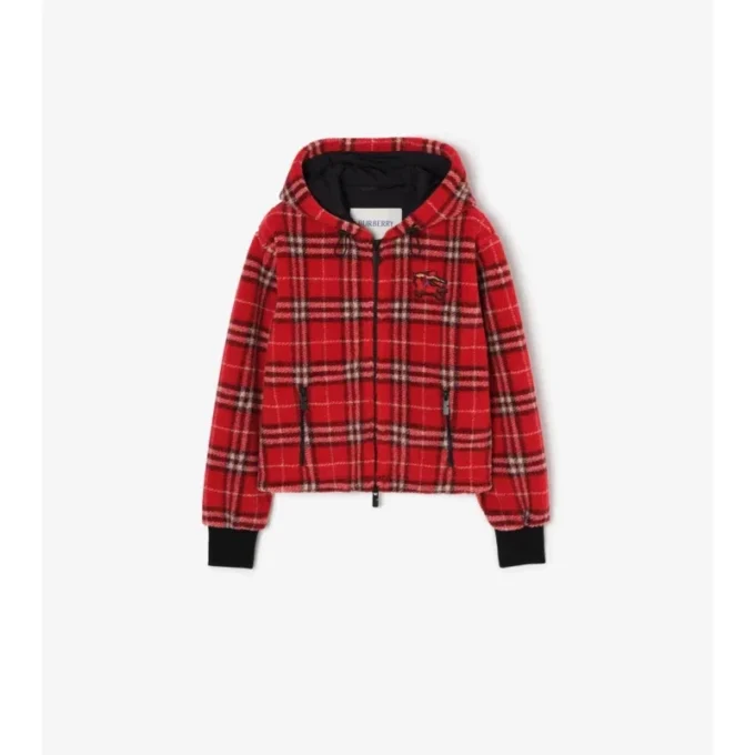 Cropped Check Fleece Hooded Jacket