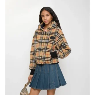 Cropped Check Fleece Hooded Jacket