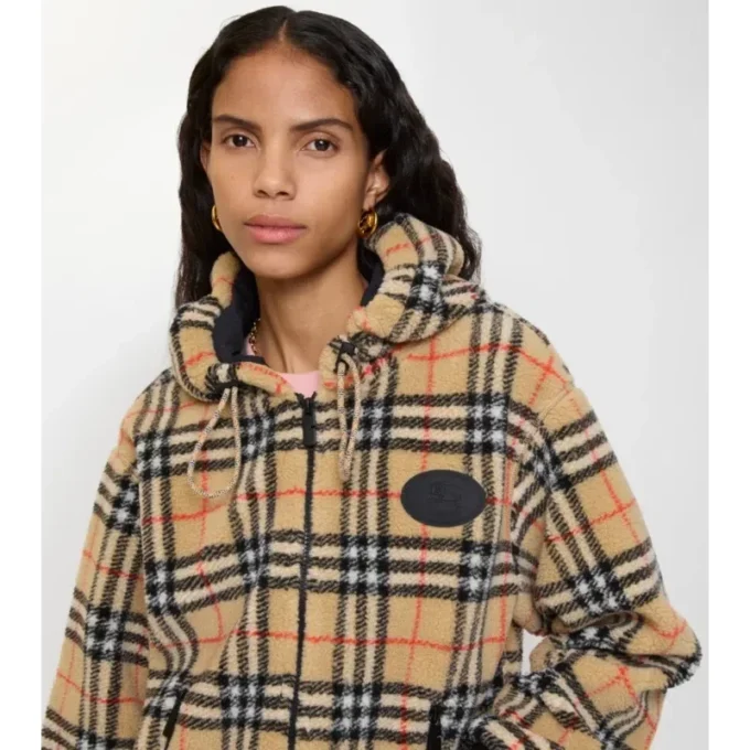 Cropped Check Fleece Hooded Jacket